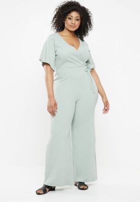 Womens Missguided Curve V Neck Wide Leg Rib Jumpsuit Green