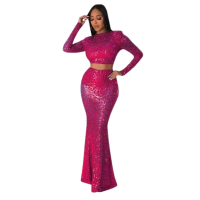 Pink Two Piece Set of Sequin Crop Top Full length Escalated Skirt