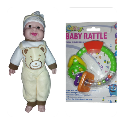 Laughing Baby doll with Yellow Clothes and Baby Shape Rattle
