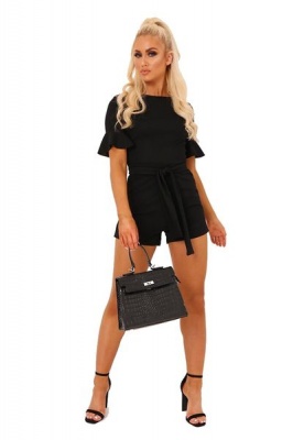 Photo of I Saw it First - Ladies Black Tie Waist Frill Sleeve Playsuit