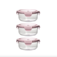 Set of 3 Leak Proof Glass Round Food Containers Pink