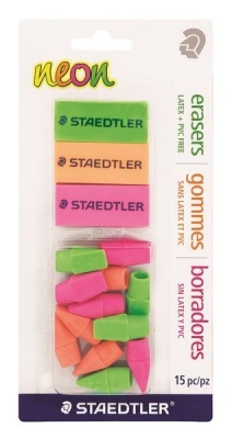 Photo of Staedtler Neon Erasers x 3 and Neon Pencil cap Erasers x 12 on Blister Card