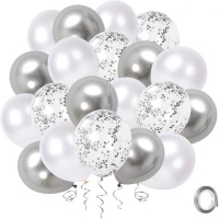 50 Piece Metallic Silver and Confetti Helium Balloons