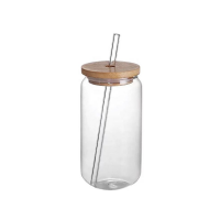 Clear Glass Drinking Can Shape Bottle with Bamboo Lid and Glass straw