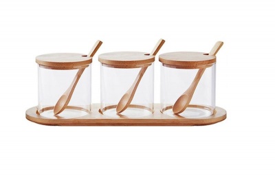 Glass Spice Jars Set With Bamboo Lid and Spoons 3 Piece
