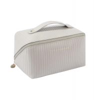 Striped Faux Leather Cosmetic Bag with Multiple Pockets