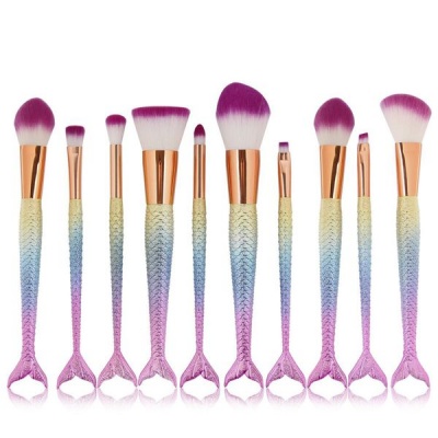 Photo of 10 Piece Mermaid Professional Makeup Brush Cosmetic Set - Gloss Pink & Yellow