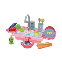 Toddler Kitchen Pretend Dishwashing Sink Set with Dishes Toy Pink