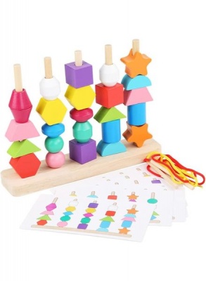 Wooden Beads Sequencing Toy Set for Ages 2 Learn Colours Matching Shape
