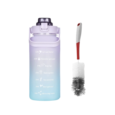2L Motivational Water Bottle with Straw Bottle Brush Purple