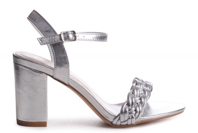Linzi Passion Ladies Silver Faux Leather Heeled Sandal With Plaited Front Strap