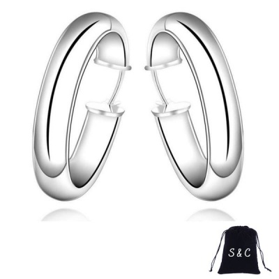 S C S C Silver Designer Smooth Large Round Hoop Earrings and S C Velvet Pouch