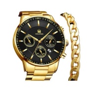 Shaarms Mens Gold Watch Bracelet Set Fashion Luxury Stainless Steel Bracelet