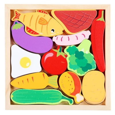 12 Pieces of Childrens Educational Wooden Vegetables 3D Puzzle Toy Set