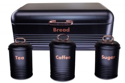 Retro Design Two Loaf Bread Bin with 3 Piece Matching Canister Set Black