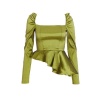 Quiz Ladies Olive Satin Puff Sleeve Peplum Top - Green Photo