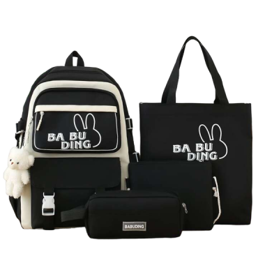 Large Capacity 4 Piece Backpack School Set Black With Cute Teddy Bear Charm