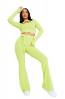 I Saw it First Ladies Lime Green Long Sleeve Cut Out Crop Top And Flare Trouser Set