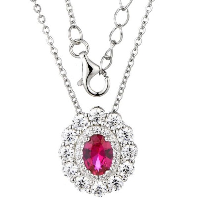Photo of Kays Family Jewellers Ruby Oval Halo Pendant in 925 Sterling Silver