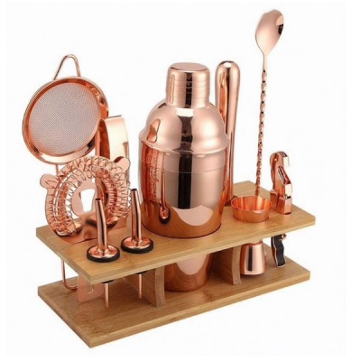 Home Stainless Steel Cocktail Maker Tool Kit With Wooden Rack Pro 11 Piece