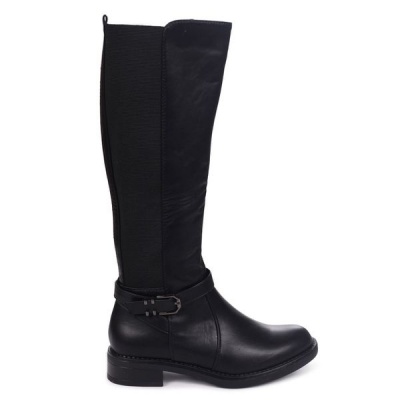 Linzi Aman Ladies Black Faux Leather Classic Riding Boot With Elasticated Panels