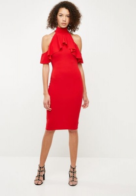 Photo of Women's Missguided High Neck Frill Cold Shoulder Midi Dress - Red