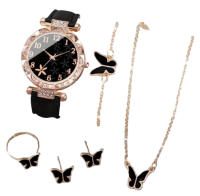 Floral Rhinestone Watch Jewelry Set for Women 6 Piece Collection