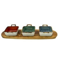Dream Home Ceramic Snack Serving Bowl with Bamboo Tray 4 Piece Set