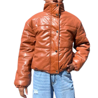 Brown Zipper and Placket PU Regular Puffer Jacket