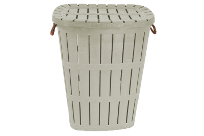 Photo of 62L Beige Laundry Basket with Rope Handles and Hinged Lid - Wooden Texture