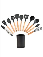 11 Piece Silicone Utensils With Wooden Handle Set Black
