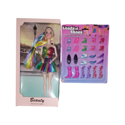 Doll With Colored Hair Very Pretty Rainbow Dress And Extra Fashion Shoes