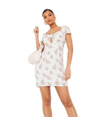 I Saw it First Ladies White Woven Floral Twist Front Sweetheart Bodycon Dress