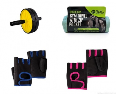 Photo of AB Wheel and Gym Towel With Blue and Pink Gloves - Combo