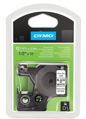 Photo of Dymo D1 12mm x 5.5m Black on White Permanent Polyester Tape