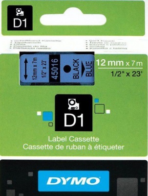 Photo of Dymo D1 Standard 12mm x 7m Black on Blue Label Cassette