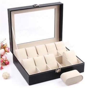 10 Compartment PU Leather Watch Display Box Black
