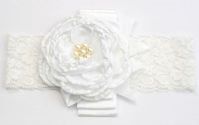 Photo of Layered Satin Flower with Pearl Centre on Lace Headband - White