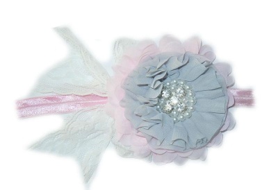 Photo of Grey & Pink Crystal Chiffon Rose Lace Headband