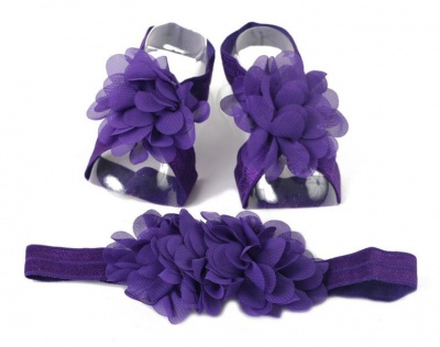 Photo of Chiffon Flower Barefoot Sandals & Headband Set in Dark Purple