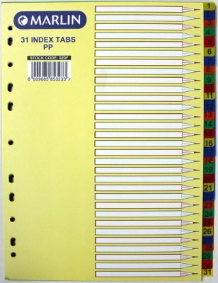 Marlin File 31 Index Dividers Polyprop Bright Colours Pack of 10