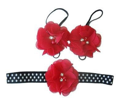 Photo of Baby Headbands Girls' Polka Dot Red Flower Headband with Baby Barefoot Sandals