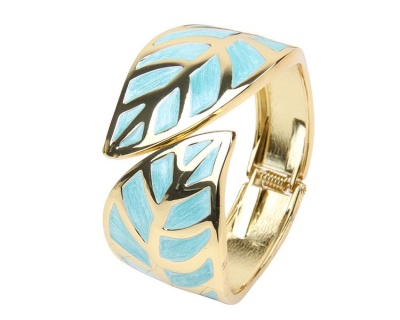 Photo of Arm Candy Leaf with Enamel Inlay Hinged Cuff Bracelet - Baby Blue