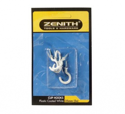 Photo of Bulk Pack 12 X Cup Hooks White Plastic Coated 25mm 5 Piece