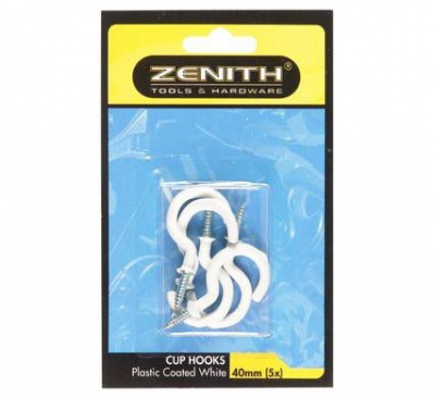 Photo of Bulk Pack 12 X Cup Hooks White Plastic Coated 40mm 5 Piece