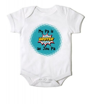 Photo of Just Kidding Junior "My Pa is GROTER as Jou Pa" Short Sleeve Onesie - White