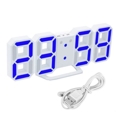 3D Modern Digital LED Table Desk Wall Alarm Clock White and Blue