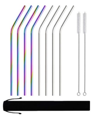 Gretmol Reusable Stainless Steel Straws Bent 8 Pack Rainbow Silver
