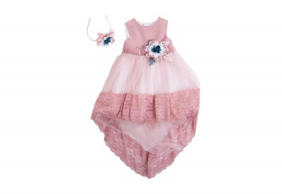 Photo of Pink Lace High-Low Party Dress with Blue & White Flowers