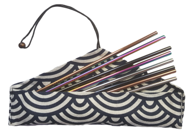 Photo of 8 Multicolored Stainless Steel Straws in Arch Design Canvas Bag - Straight